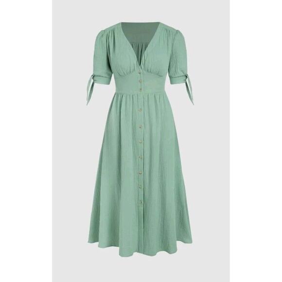 Cider Women M Green Smock Waist Knotted Sleeve Midi DRESS Medium l Deep V Neck - Picture 1 of 7